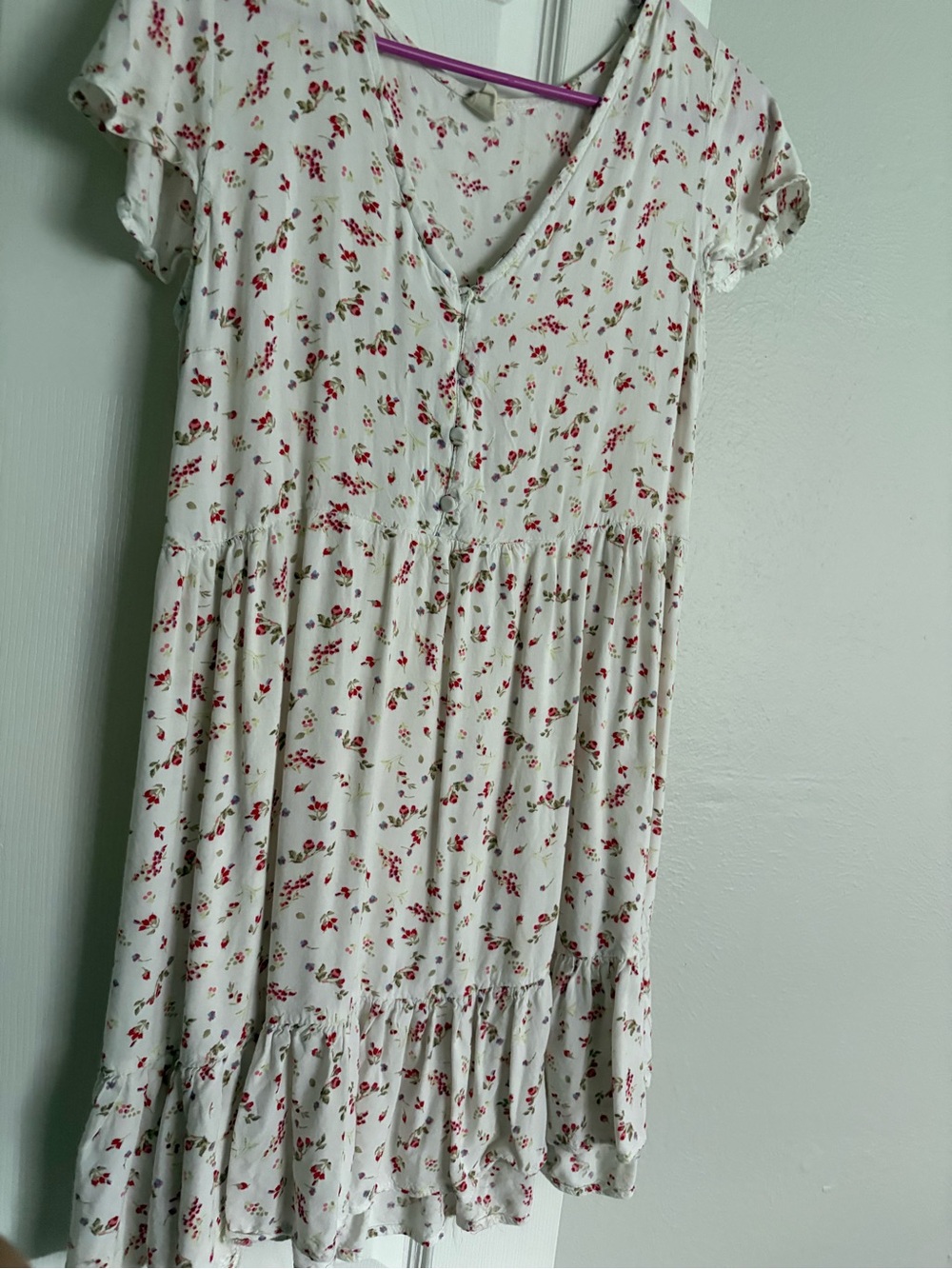 White Floral Mini Dress with Button V-Neck